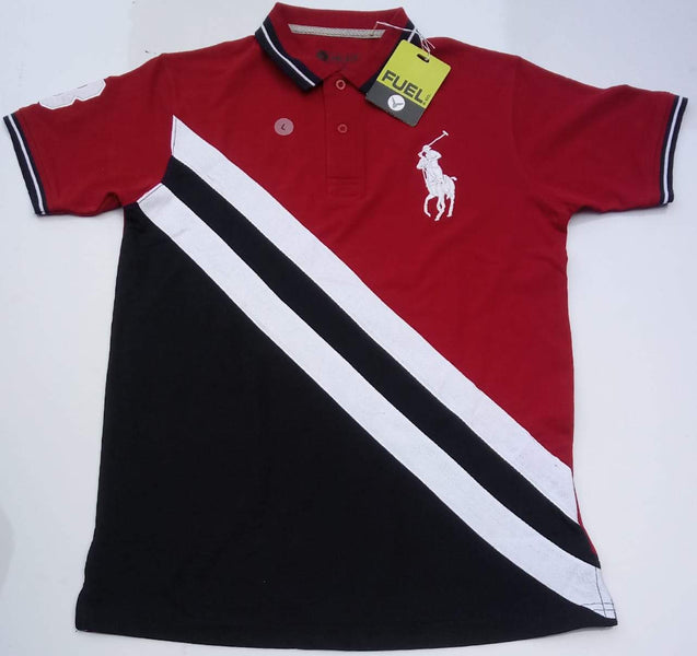 Blue & Red - Striped Polo T shirt with White Logo