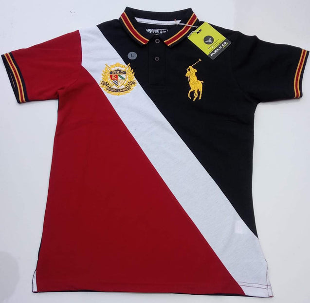 Red & Blue - Striped Polo T shirt with Gold Logo