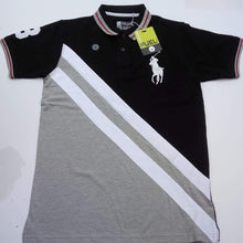 Grey & Blue - Striped Polo T shirt with White Logo