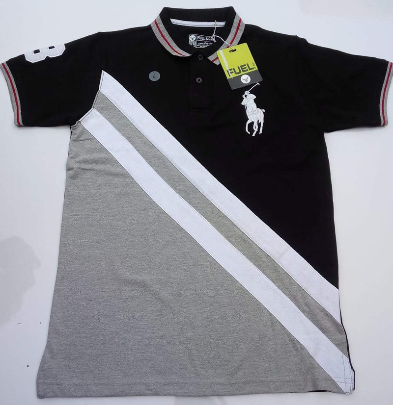 Grey & Blue - Striped Polo T shirt with White Logo