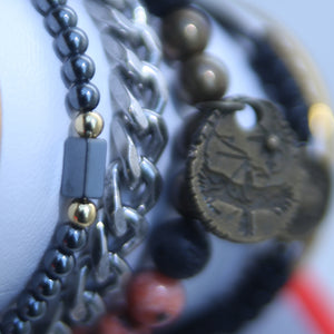 MULTI-LAYER LEATHER AND CHROME PLATED BEADS MEN BRACELETS